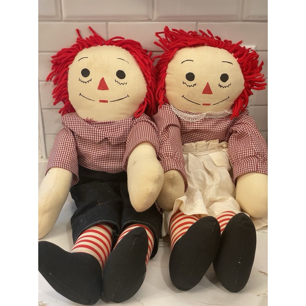 Vintage‎ Raggedy Ann & Andy Dolls Handmade Homemade Plush Set Painted Large